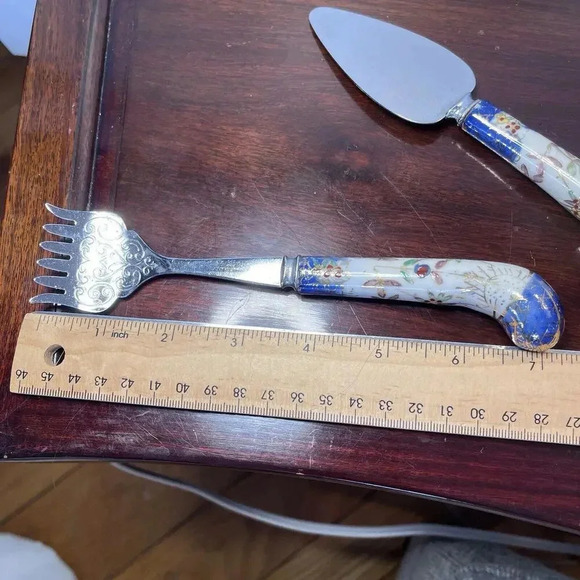 Cobalt blue Enamel Floral Charcuterie Fork & Spatula‎ Sheffield England - Picture 6 of 9